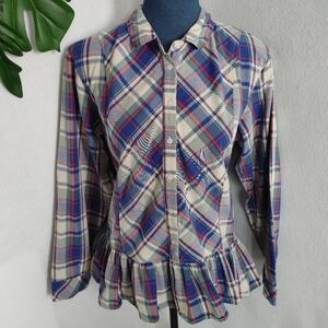 Kensie Jeans Plaid Semi Ruffle Button Shirt Top